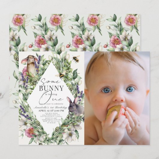 Some Bunny Greenery Rhombus 1st Birthday Photo 招待状 (正面/裏面)