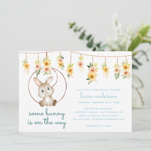 Some Bunny Is On The Way Boho Rabbit Baby Shower 招待状 (スタンド正面)