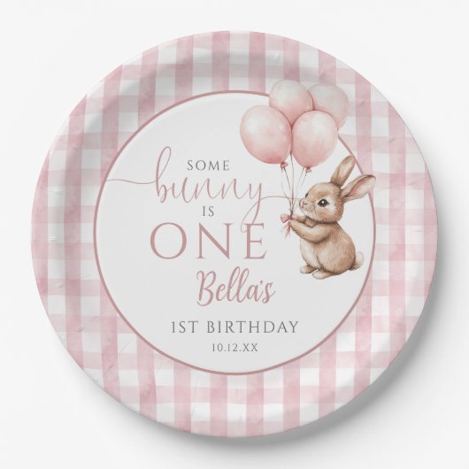 Some Bunny Is One ピンクバルーン 1歳の誕生日 ペーパープレート (正面)