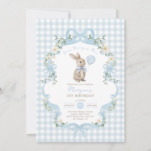 Some Bunny is One Blue Bow Gingham 1st Birthday 招待状 (正面)
