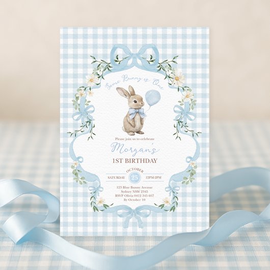 Some Bunny is One Blue Bow Gingham 1st Birthday 招待状