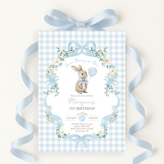Some Bunny is One Blue Bow Gingham 1st Birthday 招待状