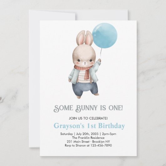 Some Bunny is one Blue Boy Bunny 1st Birthday 招待状 (正面)