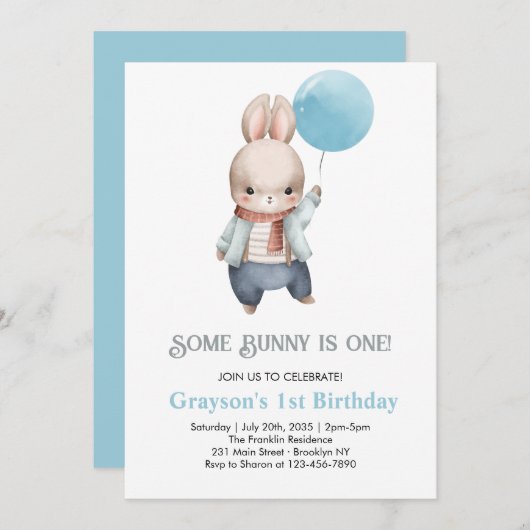 Some Bunny is one Blue Boy Bunny 1st Birthday 招待状 (正面/裏面)