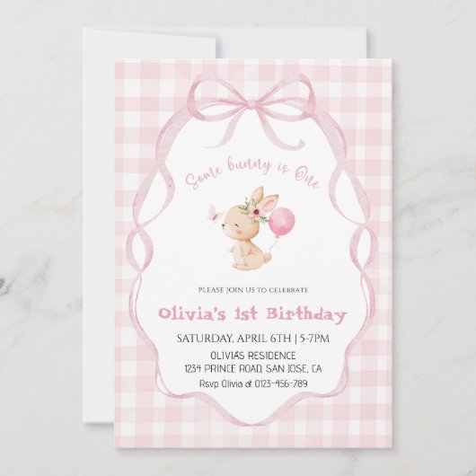 Some Bunny Is One Girl 1st Birthday Party 招待状 (正面)
