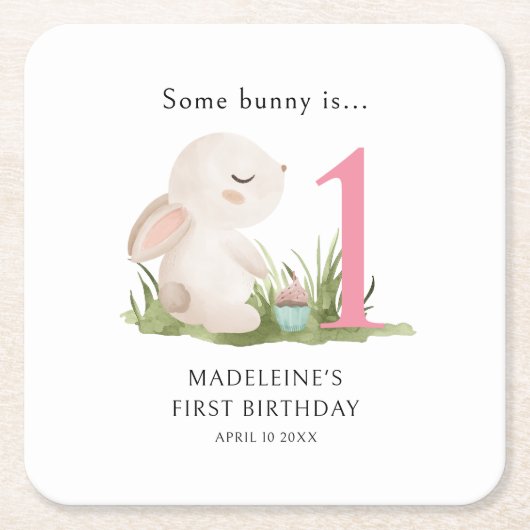 Some Bunny is One Pink 1st Birthdayお祝い スクエアペーパーコースター (正面)