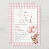 Some Bunny Is One Pink Balloons 1st Birthday Party 招待状 (正面/裏面)