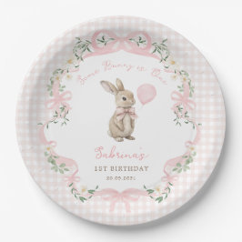 Some Bunny is One: Pink Bow Gingham 1st Birthday ペーパープレート