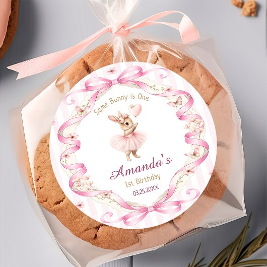 Some Bunny is One Pink Bow Gingham 1st Birthday ラウンドシール