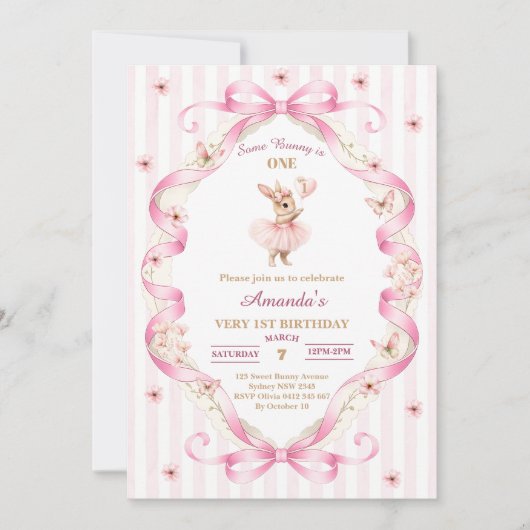 Some Bunny is One Pink Bow Gingham 1st Birthday 招待状 (正面)