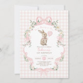 Some Bunny is One Pink Bow Gingham 1st Birthday 招待状 (正面)