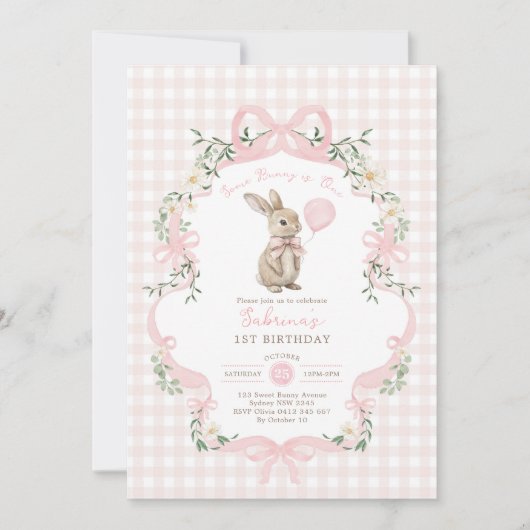 Some Bunny is One Pink Bow Gingham 1st Birthday 招待状 (正面)
