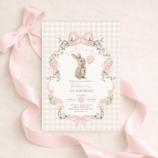Some Bunny is One Pink Bow Gingham 1st Birthday 招待状