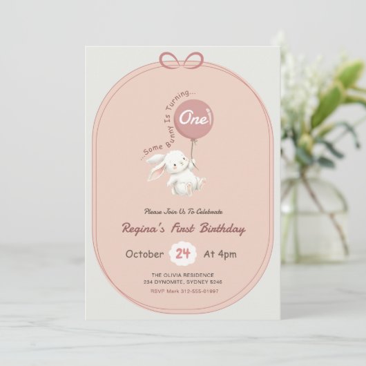 Some Bunny is One Pink Bow Rabbit 1st Birthday 招待状 (スタンド正面)