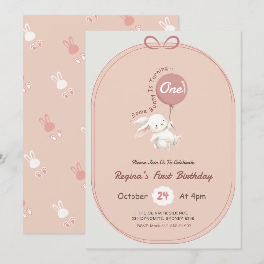 Some Bunny is One Pink Bow Rabbit 1st Birthday 招待状 (正面/裏面)
