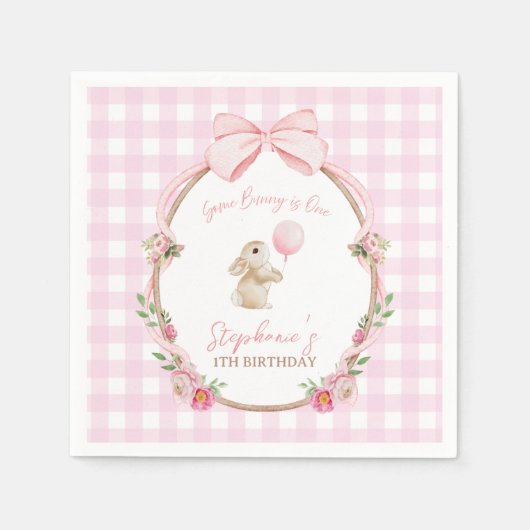 Some Bunny is One Pink Bow Rabbit First Birthday スタンダードカクテルナプキン (正面)
