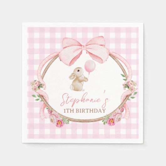 Some Bunny is One Pink Bow Rabbit First Birthday スタンダードカクテルナプキン (正面)