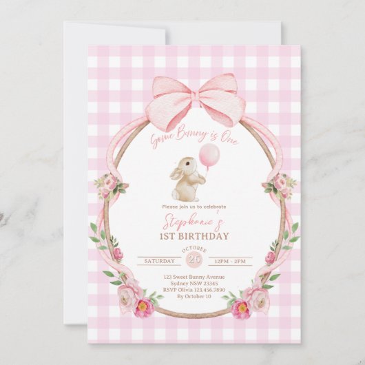 Some Bunny is One: Pink Bow Rabbit First Birthday  招待状 (正面)