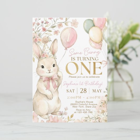 Some Bunny is One, Pink Bow Rabbit First Birthday  招待状 (スタンド正面)