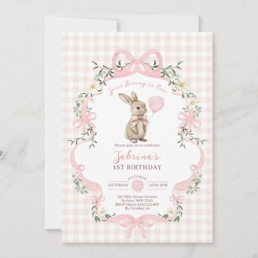 Some Bunny is One: Pink Bow Rabbit First Birthday  招待状 (正面)