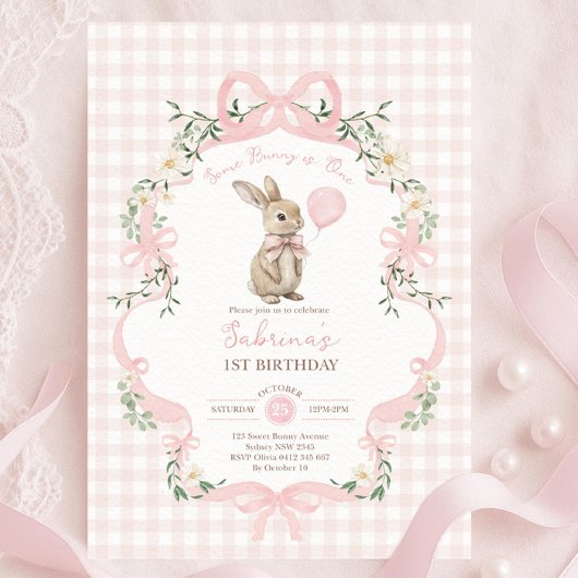 Some Bunny is One: Pink Bow Rabbit First Birthday  招待状