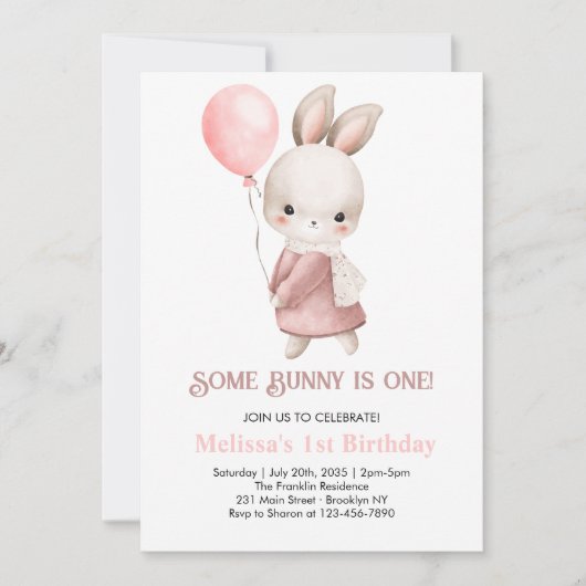 Some Bunny is one Pink Girl Bunny 1st Birthday 招待状 (正面)