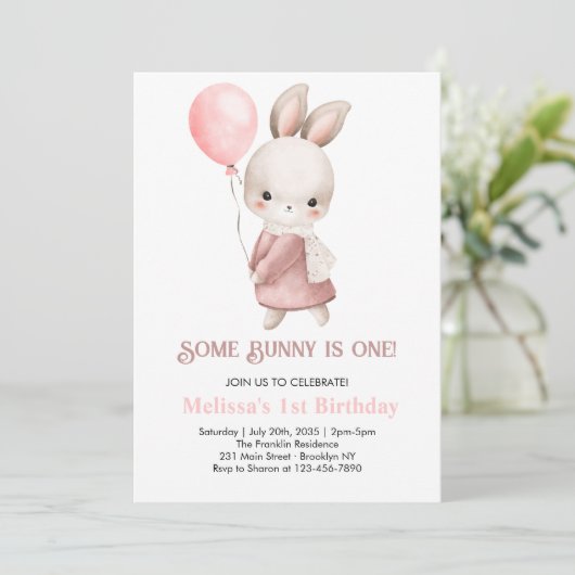 Some Bunny is one Pink Girl Bunny 1st Birthday 招待状 (スタンド正面)