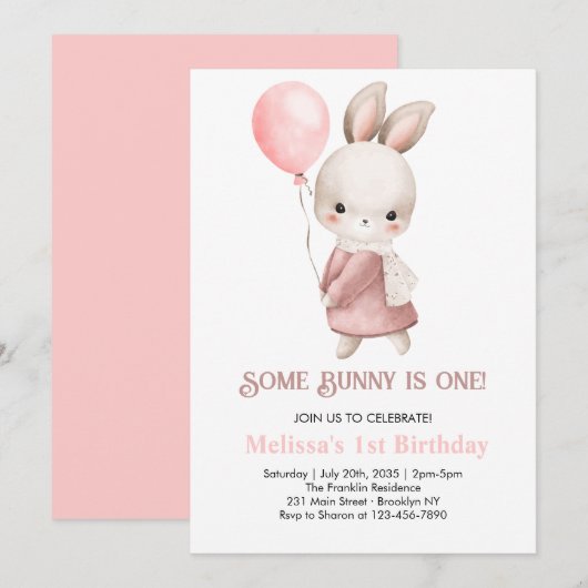 Some Bunny is one Pink Girl Bunny 1st Birthday 招待状 (正面/裏面)