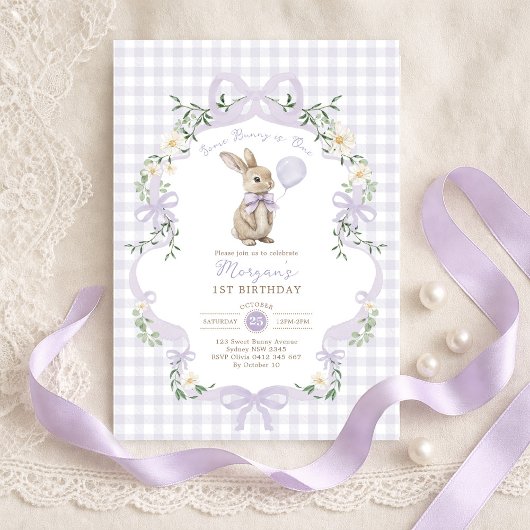 Some Bunny is One Purple Bow Gingham 1st Birthday 招待状
