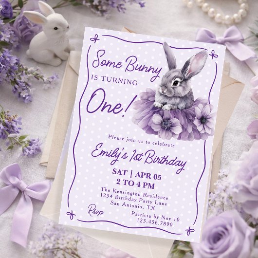 Some Bunny Is Turning One Purple Girl 1st Birthday 招待状
