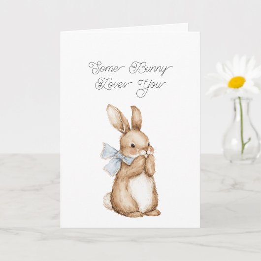 Some Bunny Loves You Blue Bow カード (小さな植物)