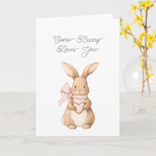 Some Bunny Loves You Pink Bow Heart Cookie カード (黄色い花)