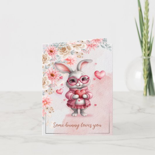Some Bunny Loves You Pink Bunny Valentine's Day カード (正面)