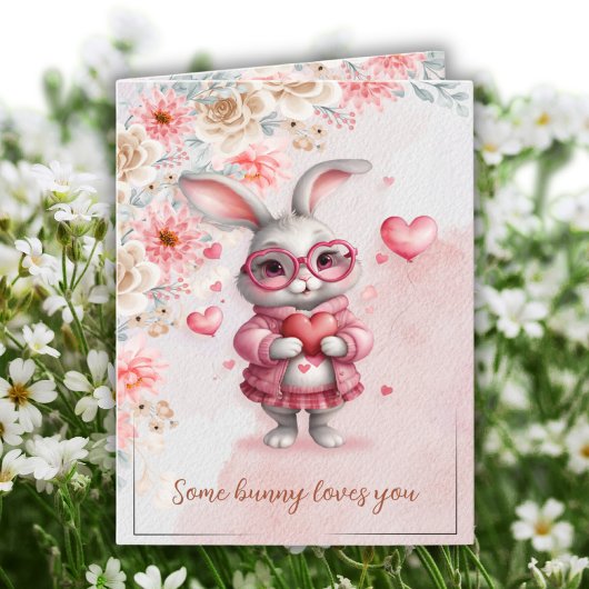 Some Bunny Loves You Pink Bunny Valentine's Day カード
