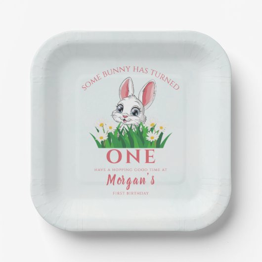 Some Bunny One Cute Rabbit Girls 1st Birthday ペーパープレート (正面)