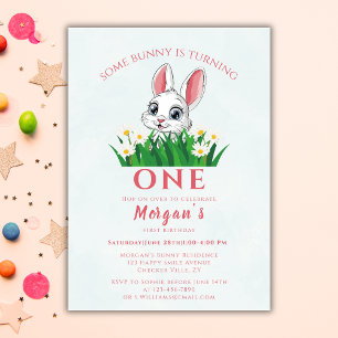 Some Bunny One Cute Rabbit Girls 1st Birthday 招待状