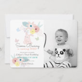 Some Bunny Pinkフローラ写真1st Birthday 招待状 (正面)