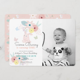 Some Bunny Pinkフローラ写真1st Birthday 招待状