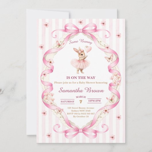 Some Bunny Pink Bow Gingham Baby Shower 招待状 (正面)