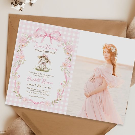 Some Bunny Pink Bow Gingham Baby Shower Photo 招待状