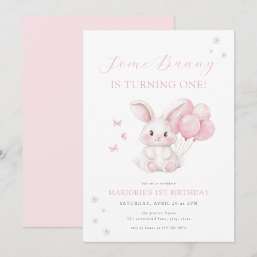 Some Bunny Spring Girl Pink Bunny First Birthday 招待状 (正面/裏面)