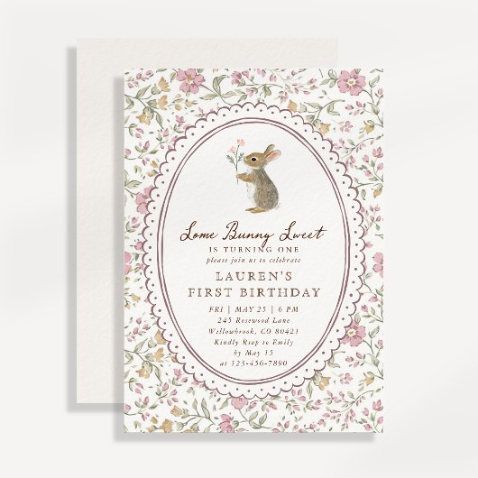Some Bunny Sweet Floral Bunny First Birthday  招待状