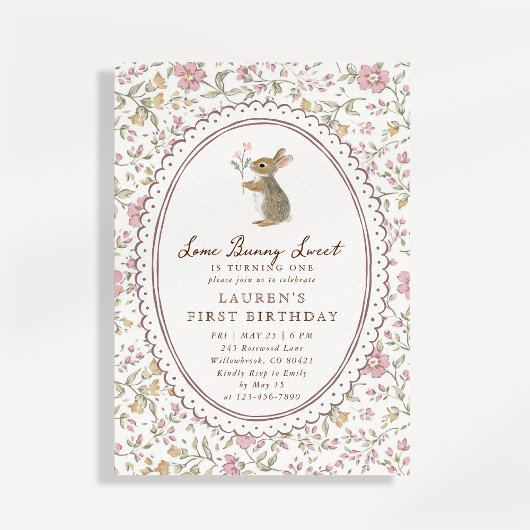 Some Bunny Sweet Floral Bunny First Birthday  招待状