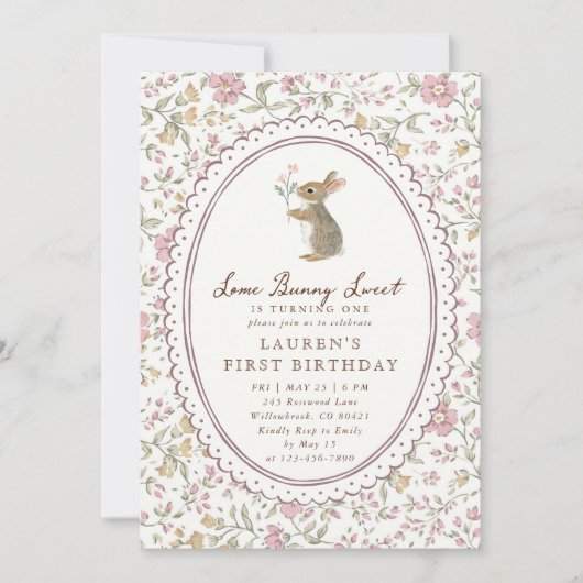Some Bunny Sweet Floral Bunny First Birthday  招待状 (正面)