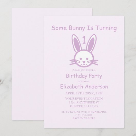Some Bunny Turning One：最初の誕生日 招待状 (正面/裏面)