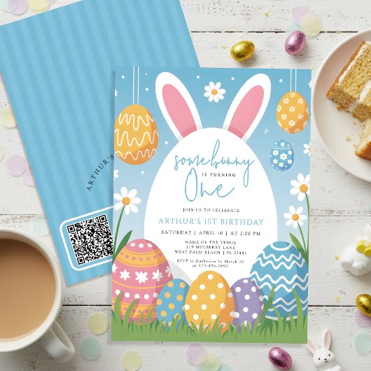 Some Bunny Turning One Easter 1st Birthday QR code 招待状