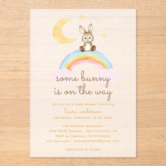 Some Bunny's On The Way Gender Neutral Baby Shower アクリル招待状 (正面)