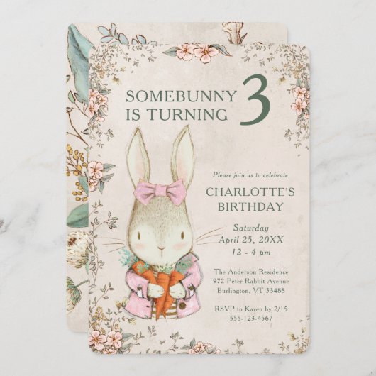 Somebunny is Turning Three 3rd Birthday Invitation 招待状 (正面/裏面)