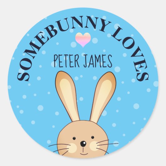 Somebunny Loves You Blue Bunny Roundステッカー ラウンドシール (正面)