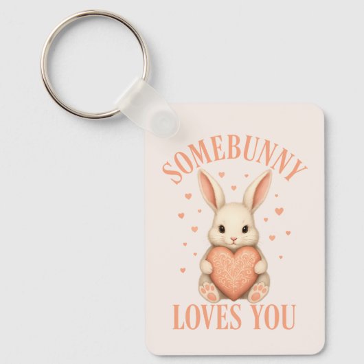 Somebunny Loves You Cute Bunny on Soft Blush キーホルダー (正面)